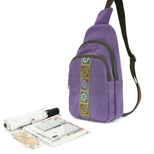 SILKAREA Canvas Sling Bag for Wome Crossbody Purse Small Sling Backpack Purse Travel Hiking Chest Bag Daypack - color: Purple
