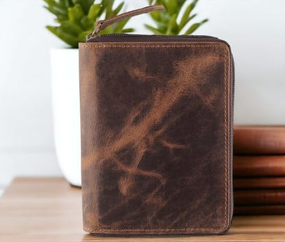 Passport Wallet - Travel Document Holder w/RFID Blocking – Full Grain Leather – Bifold compact zip around Wallet with Credit Card Slots for Women and Men,distressed brown,500-30 - color: distressed brown, style: Solid