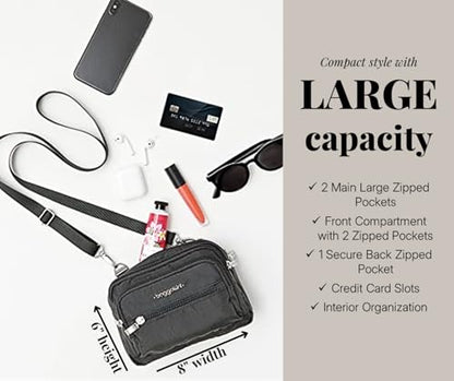 Baggallini Triple Zip Small Crossbody Bag for Women - Lightweight Convertible Fanny Pack Belt Bag - color: Charcoal, style: Slim Strap