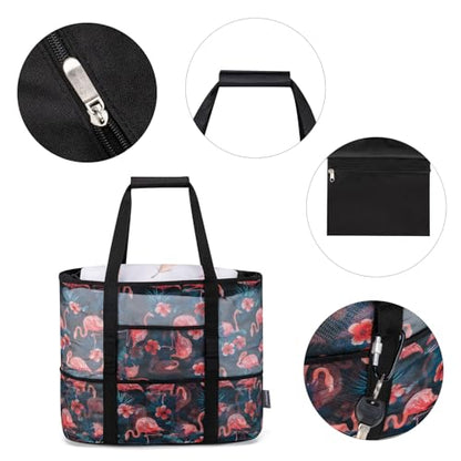 KABAQOO Mesh Beach Bag, Extra Large Beach Bags with 9 Pockets & Zipper Waterproof Lightweight Beach Tote for Beach/Pool Trip - color: Flamingo - Black, size: X-Large