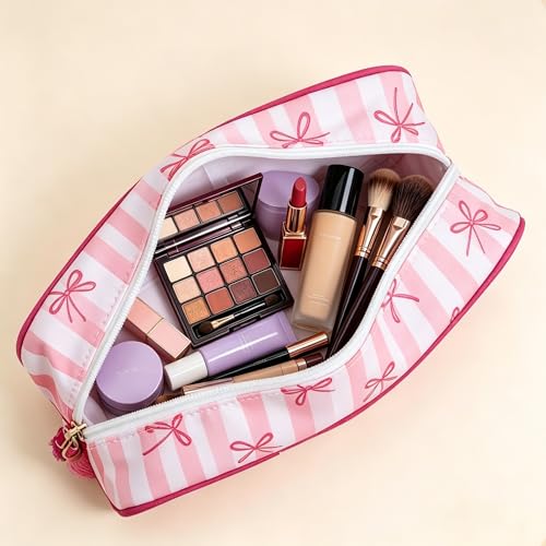 Preppy Striped Makeup Bag for Women, Structured Travel Cosmetic Pouch with Protective Sponge Padding, Large Canvas Toiletry Organizer with Tassel Zipper for Daily Purse(Pink bow) - color: Pink bow