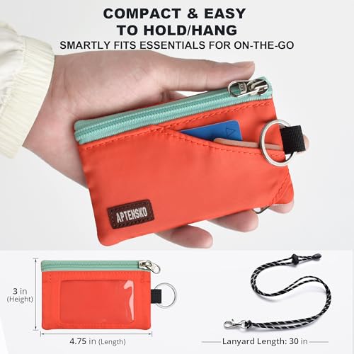 RFID 차단 여행용 지갑, 조절 가능한 랜야드 포함, 작은 나일론 지퍼 파우치 및 신분증, 신용 카드, 현금, 열쇠, 통근자용 배지 홀더, 블레이징 오렌지, 끈이 달린 RFID 차단 여행용 지갑 - color: 블레이징 오렌지