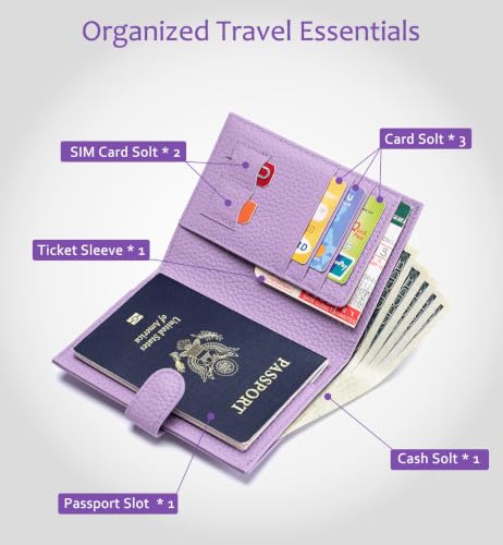 RFID Passport Wallet for Women, Genuine Leather Travel Holder - color: Lavender