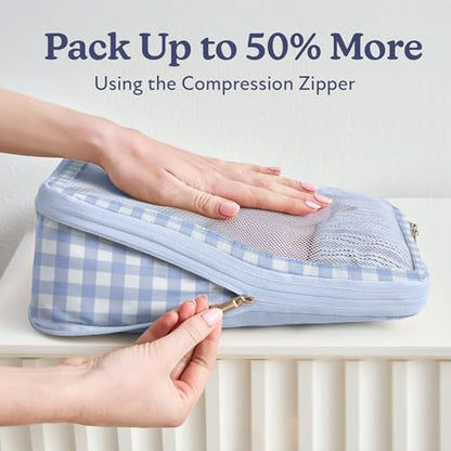 Vandel Compression Packing Cubes for Women, Set with Hanging Toiletry Bag - color: 1. Blue Gingham, size: Deluxe Set (4 Cubes + Toiletry & Laundry Bags)
