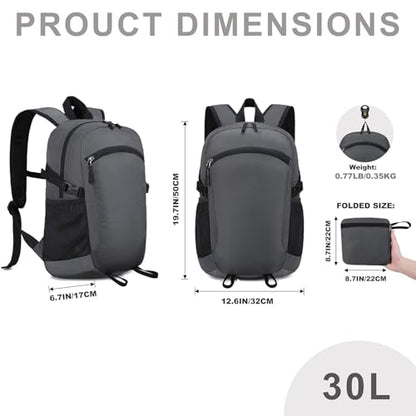 Lightweight Hiking Backpack 30L Packable Foldable Daypack Collapsible Travel Bag Water-Resistant for Women Men (Gray) - color: Gray, size: Large