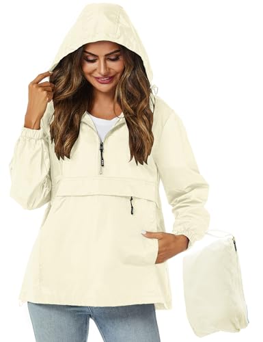 Avoogue Womens Rain Jacket with Hood,Pullover,Packable,Lightweight,Windbreaker,Waterproof,Breathable. - color: Beige, size: Large