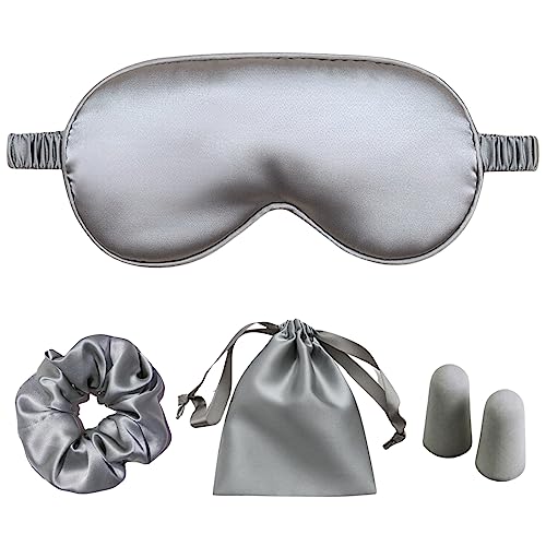 Silver Sleep Eye Mask, Blackout Silk Satin Travel Blindfold Set Women - color: Silvergrey
