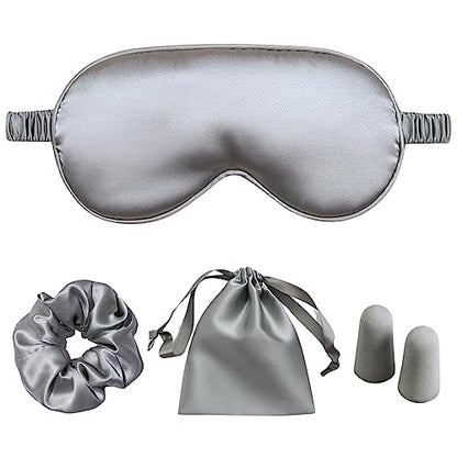Silver Sleep Eye Mask, Blackout Silk Satin Travel Blindfold Set Women - color: Silvergrey