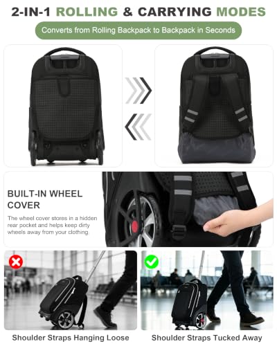NEW TILAMI 19 Inch Rolling Backpack with Lunch Bag School, Black - color: Black