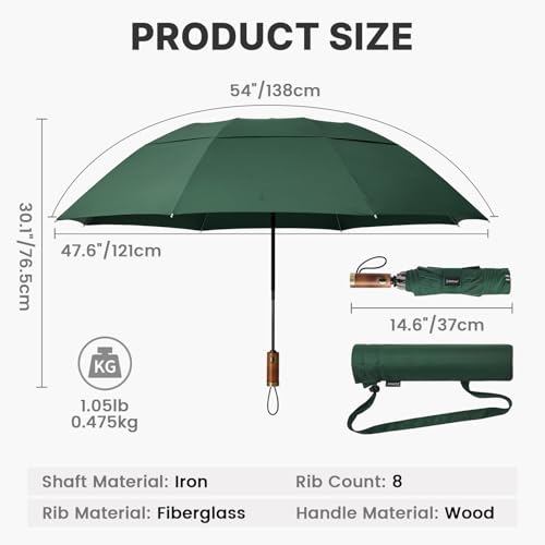 G4Free 54 Inch Inverted Windproof Umbrella with Wooden Handle Rain Umbrella - color: Dark Green