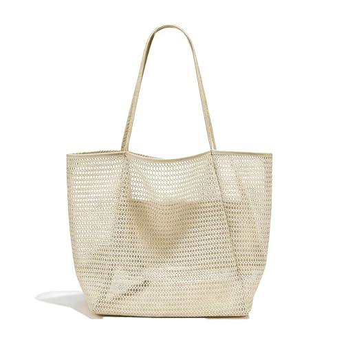 Women's Large Mesh Beach Bag Tote–Waterproof Sandproof Foldable with Zipper Pockets for Summer Travel & Vacation - color: Beige