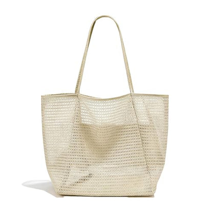 Women's Large Mesh Beach Bag Tote–Waterproof Sandproof Foldable with Zipper Pockets for Summer Travel & Vacation - color: Beige