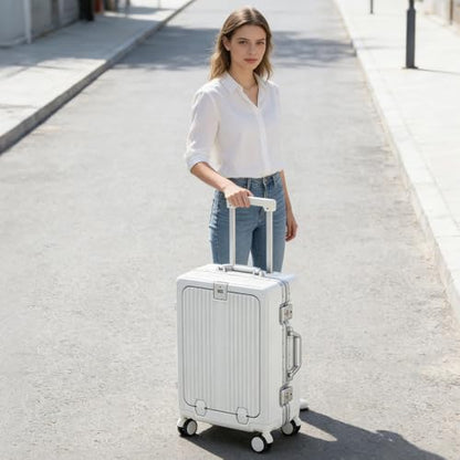 Aluminum Frame Carry On Luggage with Front Pocket, White - color: White, size: 20 Inch