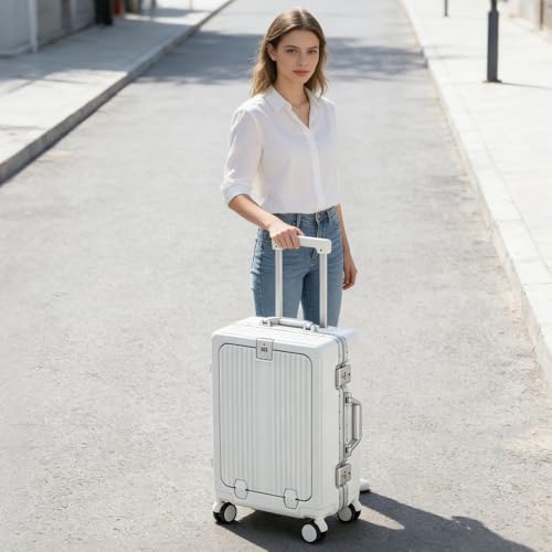 Aluminum Frame Carry On Luggage with Front Pocket, White - color: White, size: 20 Inch