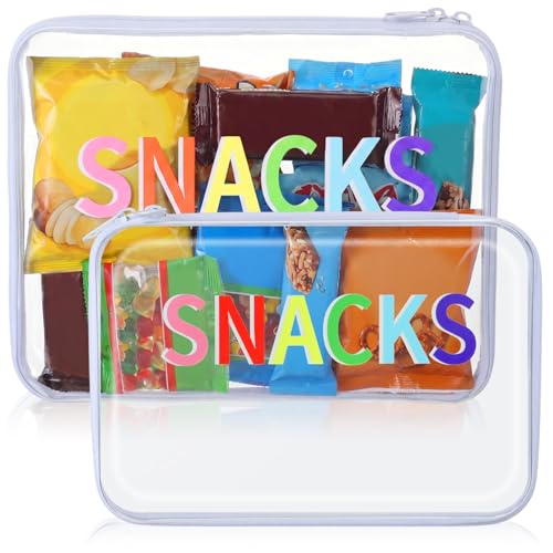 2 Pack Snack Bag Clear Hard Zipper Case Hard Plastic Zipper Pouches Travel Makeup Bag Snack Plastic Storage Organizer Box Transparent Cases for Women Travel Summer Vacation (M,L,White)
