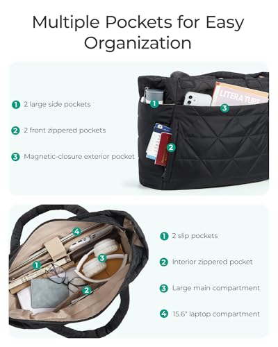 BAGSMART Tote Bag for Women, Puffer Tote Bag for Work Large Shoulder Bag - color: B-black