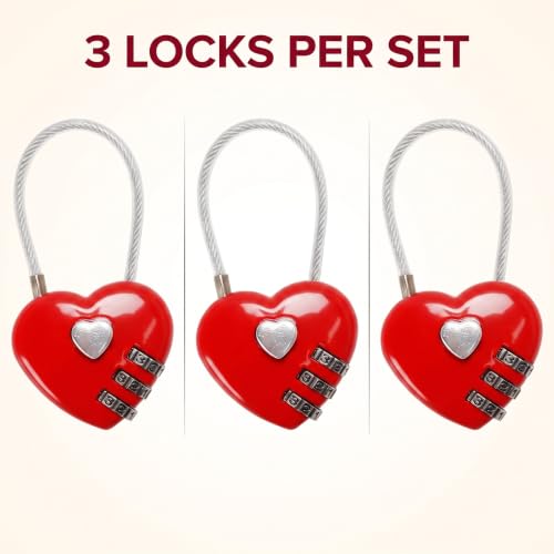 3Pcs Red Mini Love Heart Lock, Heart Padlock, Mini Code Lock,Padlocks and Hasps,Bags/Suitcase/Lockers/Backpacks/Jewelry Boxes Wire Rope 3-Digit Code Combination Padlock for Travel