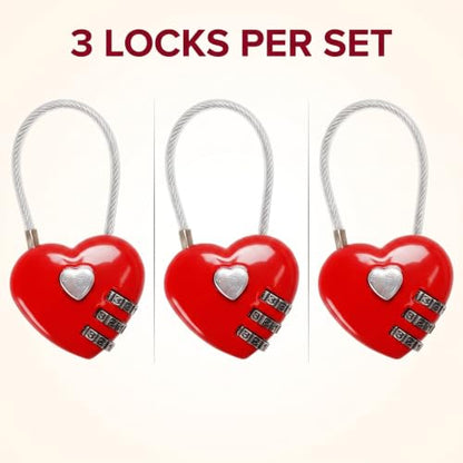 3Pcs Red Mini Love Heart Lock, Heart Padlock, Mini Code Lock,Padlocks and Hasps,Bags/Suitcase/Lockers/Backpacks/Jewelry Boxes Wire Rope 3-Digit Code Combination Padlock for Travel