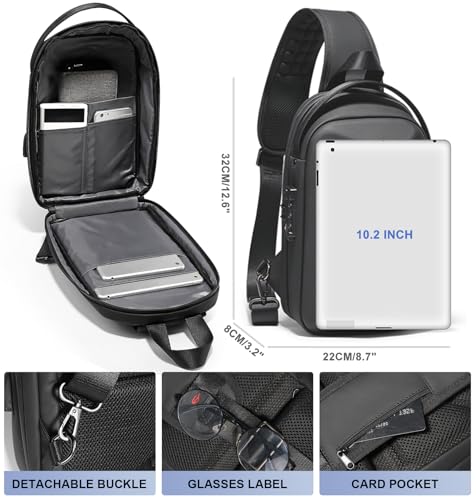 FENRUIEN Anti-Theft Crossbody Sling Backpack Bag for Men Hard Shell with USB, Shoulder Pack Lock Waterproof 10.2 inch Single Strap for Travel Hiking