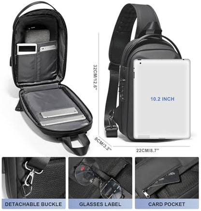 FENRUIEN Anti-Theft Crossbody Sling Backpack Bag for Men Hard Shell with USB, Shoulder Pack Lock Waterproof 10.2 inch Single Strap for Travel Hiking