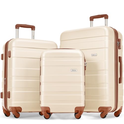 Merax 3 Piece ABS Hardshell Luggage Sets Spinner Wheel Suitcase TSA Lock Suit Case, Brown/White, 20/24/28 Inch - color: Brown/White