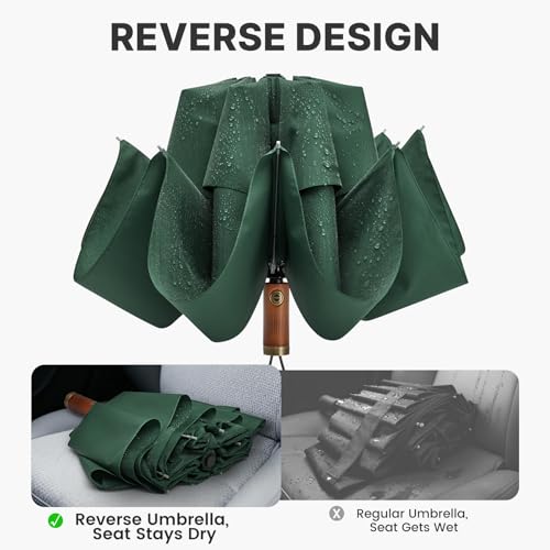 G4Free 54 Inch Inverted Windproof Umbrella with Wooden Handle Rain Umbrella - color: Dark Green