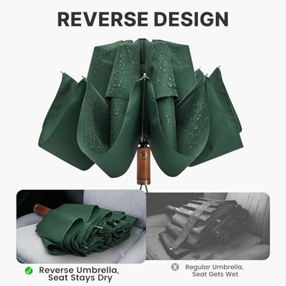 G4Free 54 Inch Inverted Windproof Umbrella with Wooden Handle Rain Umbrella - color: Dark Green