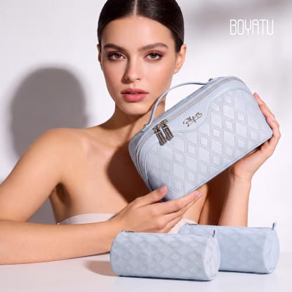 BOYATU Travel Makeup Bag Organizer: 3 Pcs Cosmetic Bag Set for Women Blue - color: C-Diamond Grid-Blue