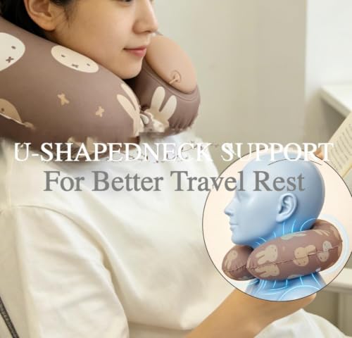 MIPOW x Miffy Inflatable Travel Neck Pillow, Press to inflate U Neck Pillow, Milk Silk Portable Neck Support Pillow