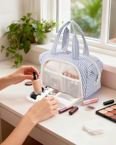 Narwey Travel Toiletry Bag for Women, Large Makeup Cosmetic Organizer Bag - color: Y-Greyish Blue Stripe