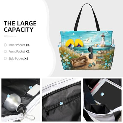 Beach Bag for Women, Large Waterproof Sandproof Tote with Zipper, Foldable Lightweight Swim Bag for Beach Pool Gym - color: Chill. Waves. Repeat.