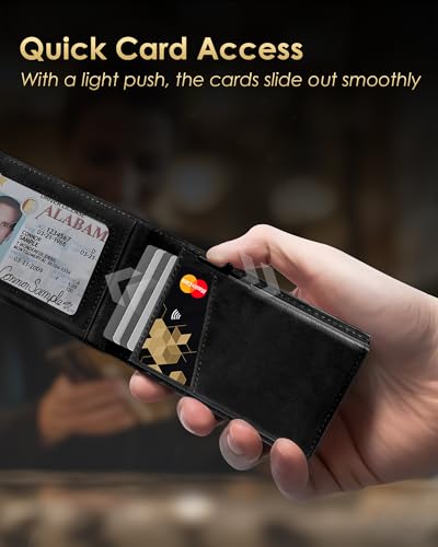 QLD Wallet for Men - RFID Blocking [Functional & Practical] Bifold Slim Minimalist Credit Card Holder Pop Up Metal Case with Cash Slot, Front Pocket with ID Window, Gift Boxed (BLACK) - color: Black
