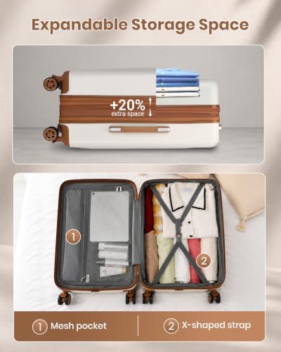 Kono 24 Inch Expandable Checked Luggage with Spinner Wheels TSA Lock Cream - color: Cream White, size: 24"