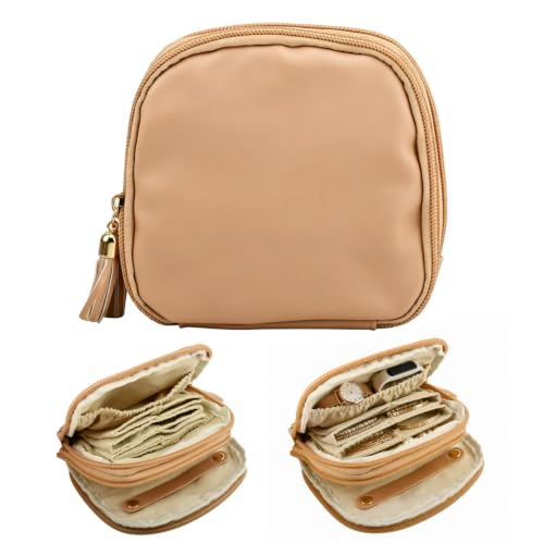 2‑Layer Travel Jewelry Case, Portable Faux Leather Jewelry Organizer - color: Khaki