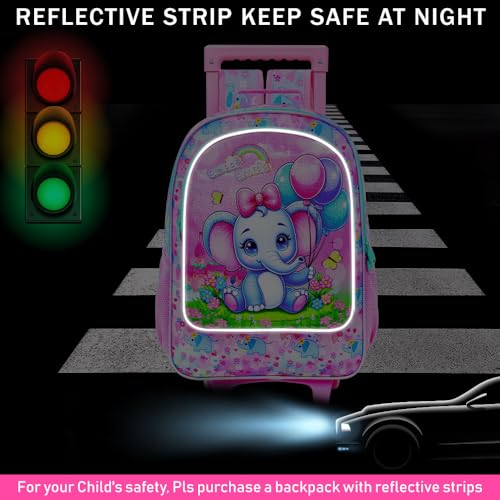 WZLVO 4PCS Rolling Backpack for Girls, Kids Roller School Bookbag with wheels, Elephant Water Resistant Wheeled Backpacks set for Teens Elementary Trave - color: Pink Elephant