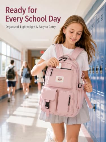 FIORETTO Backpack for School, Teen Girls & Women, School Bag Bookbag with Multi Pockets - color: Pink