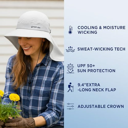 TOP-EX UPF 50+ Cooling Wide Brim Sun Hat for Men with Neck Flap, Packable - color: Light Grey, size: Medium