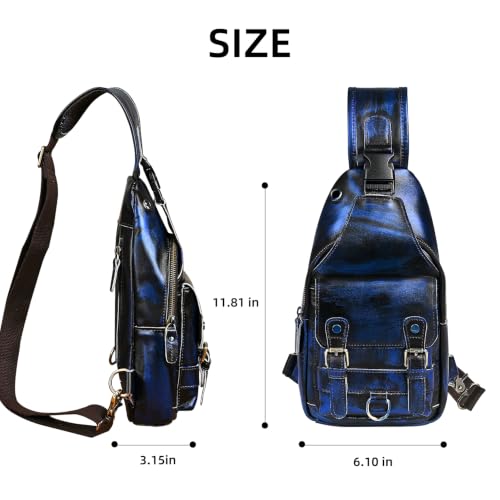 Genuine Leather Hiking Travel DayPack Sling Crossbody Triangle Chest Pack Bag For Men Women 8241 (D-258204 Blue) - color: D-258204 Blue