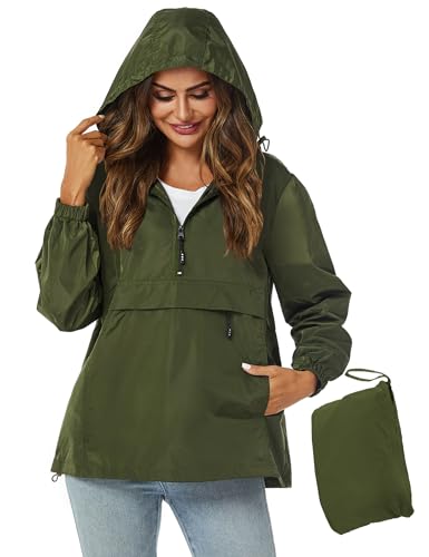 Avoogue Womens Rain Jacket with Hood,Pullover,Packable,Lightweight,Windbreaker,Waterproof,Breathable. - color: Army Green, size: Small