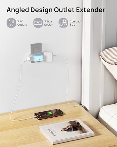 TROND Outlet Extender, No Blocking with 3 Way Angled, Mint Green - color: Mint Green, size: 3AC-3 Prong Plug, 1 Pack