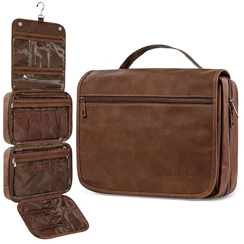 PAVILIA Hanging Toiletry Bag for Women Men, Travel Organizer, Dark Brown - color: Dark Brown