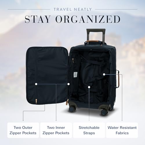 Bric's X-Travel 21” Carry-On Spinner – Airline Approved Luxury Softside Luggage with 360° Wheels, Recycled Water-Resistant Fabric, Interior Pockets, and Leather Details – Navy - color: Navy, size: Carry-On