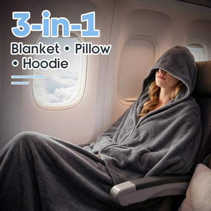 Hooded Blanket for Airplane Travel, Compact Fleece, Grey - color: Grey