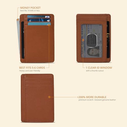 Leather Wallet for Men and Women - RFID Blocking Slim Front Pocket Holder - color: Cognac