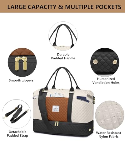 Travel Weekender Duffle Bag for Women: Overnight Bags with Shoe Compartment - color: Black White Brown, size: Large