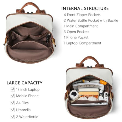 Leather Laptop Backpack for Women Fits 17" Laptop, with RFID Wristlet Purse - color: Beige
