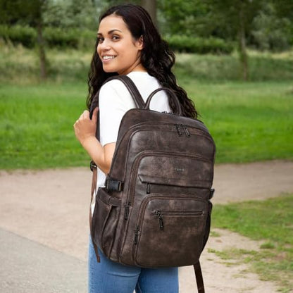 Leather Laptop Backpack for Women Fits 17" Laptop, with RFID Wristlet Purse - color: Coffee