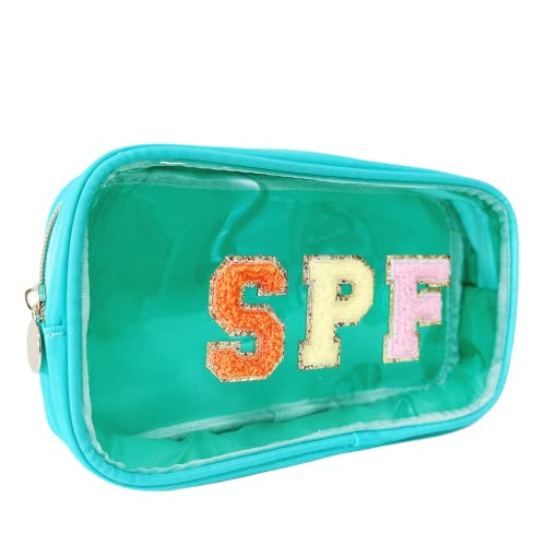 Clear Makeup Letter Bag with Chenille Letter Patch and Glitter SPF for Travel - color: Turquoise-spf