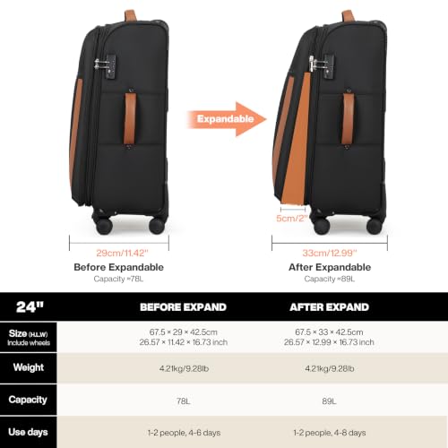 mixi 24 Inch Softside Expandable Checked Luggage, Black - color: Black, size: 24-Inch Checked in