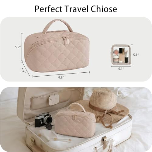 Travel Makeup Bag for Women,Large Capacity Waterproof Makeup Organizer, Open Flat Toiletry Bag for Toiletries(Light Brown)
